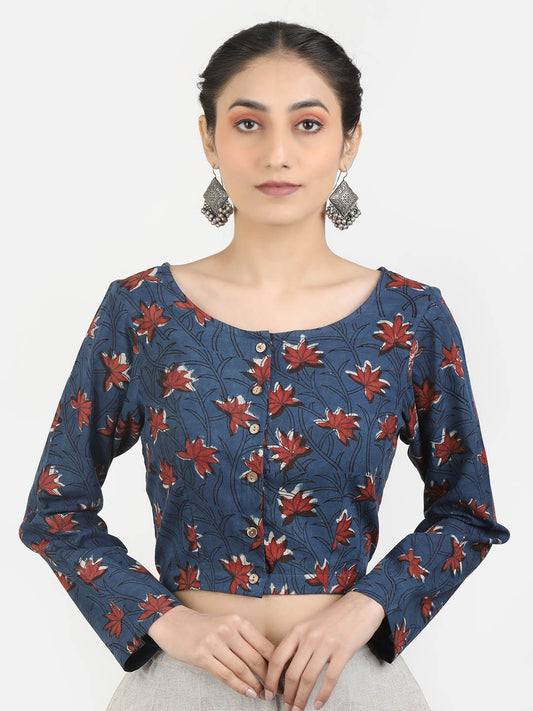 Women Blue Block Printed Cotton Ready To Wear Non Padded Saree Blouse