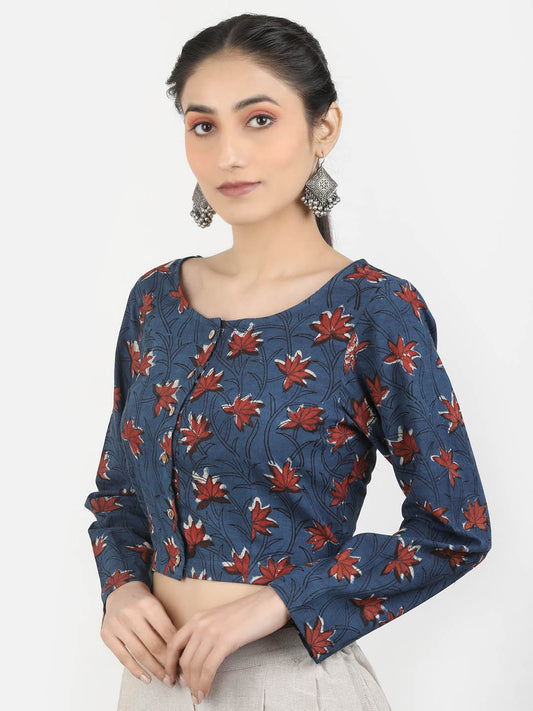 Women Blue Block Printed Cotton Ready To Wear Non Padded Saree Blouse