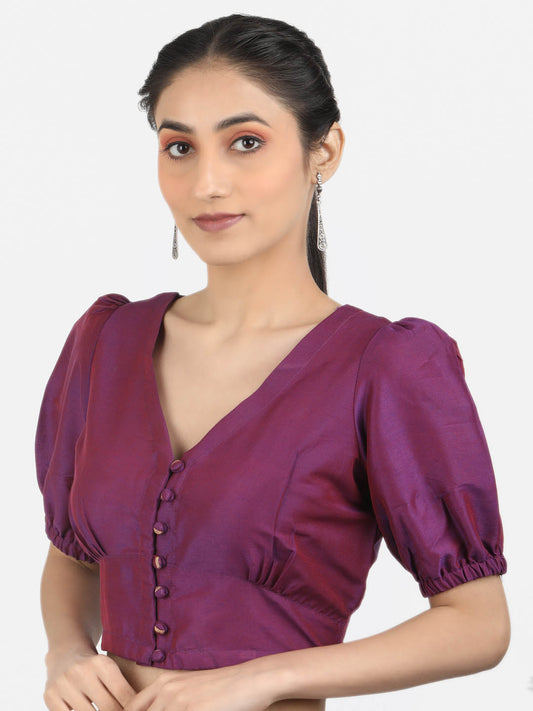 Women Solid Purple Art Silk Ready To Wear Non Padded Saree Blouse