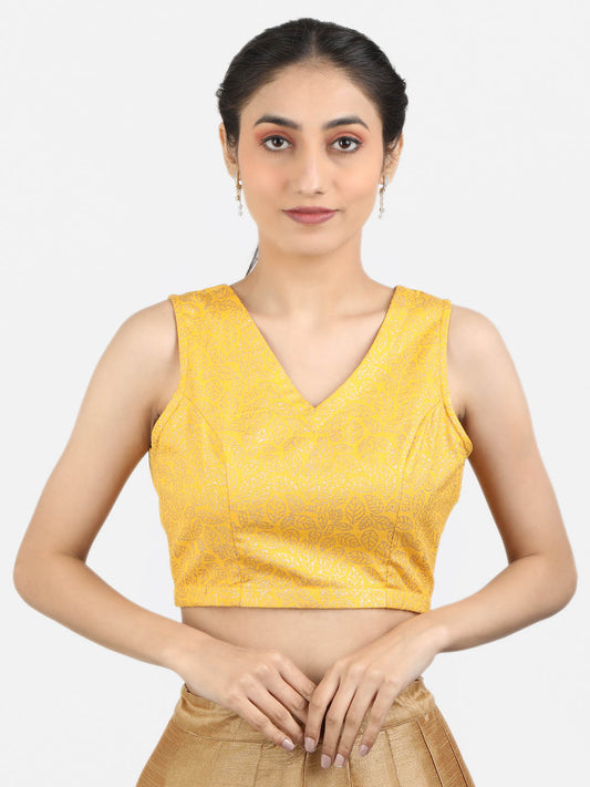 Women Yellow Block Printed Cotton Ready To Wear Non Padded Saree Blouse