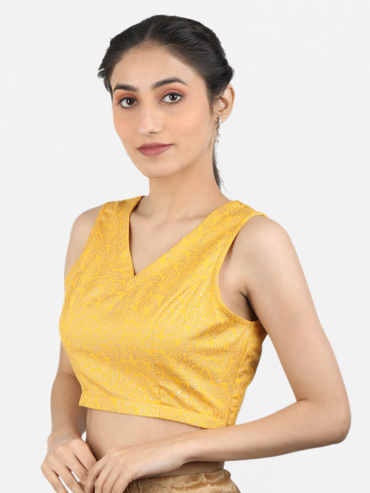 Women Yellow Block Printed Cotton Ready To Wear Non Padded Saree Blouse