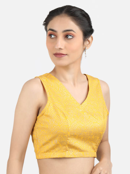 Women Yellow Block Printed Cotton Ready To Wear Non Padded Saree Blouse