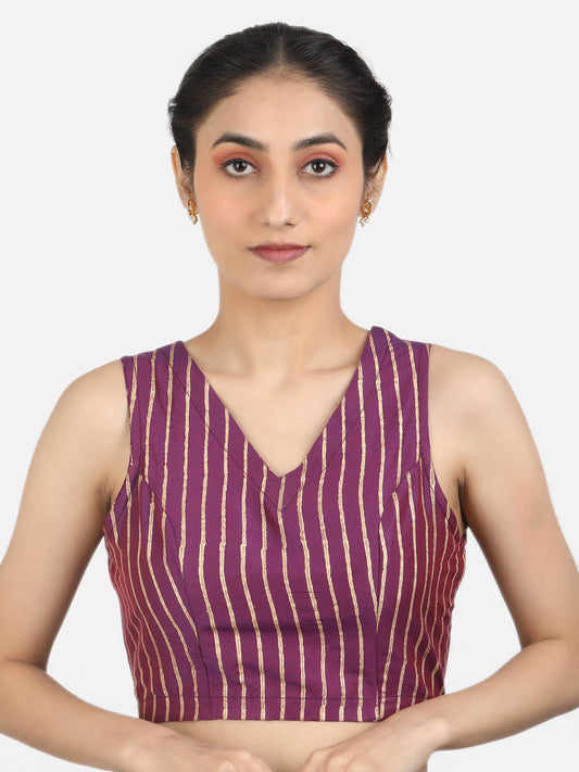 Women Purple Block Printed Art Silk Ready To Wear Non Padded Saree Blouse