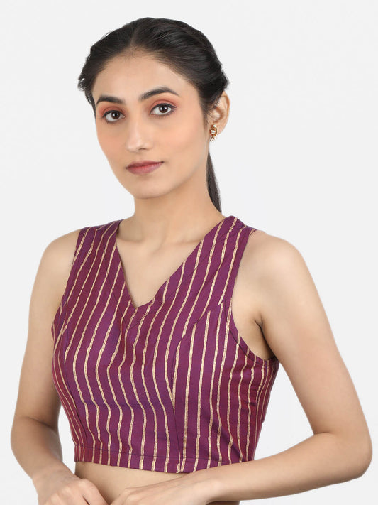 Women Purple Block Printed Art Silk Ready To Wear Non Padded Saree Blouse