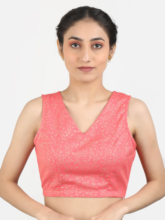 Women Pink Block Printed Cotton Ready To Wear Non Padded Saree Blouse