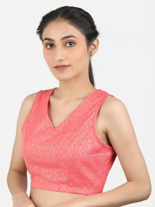 Women Pink Block Printed Cotton Ready To Wear Non Padded Saree Blouse