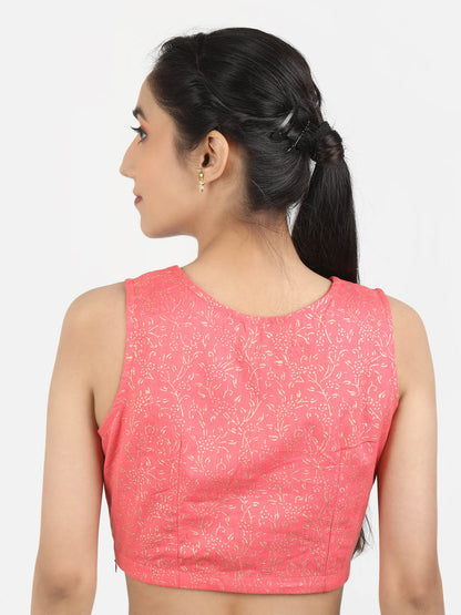 Women Pink Block Printed Cotton Ready To Wear Non Padded Saree Blouse