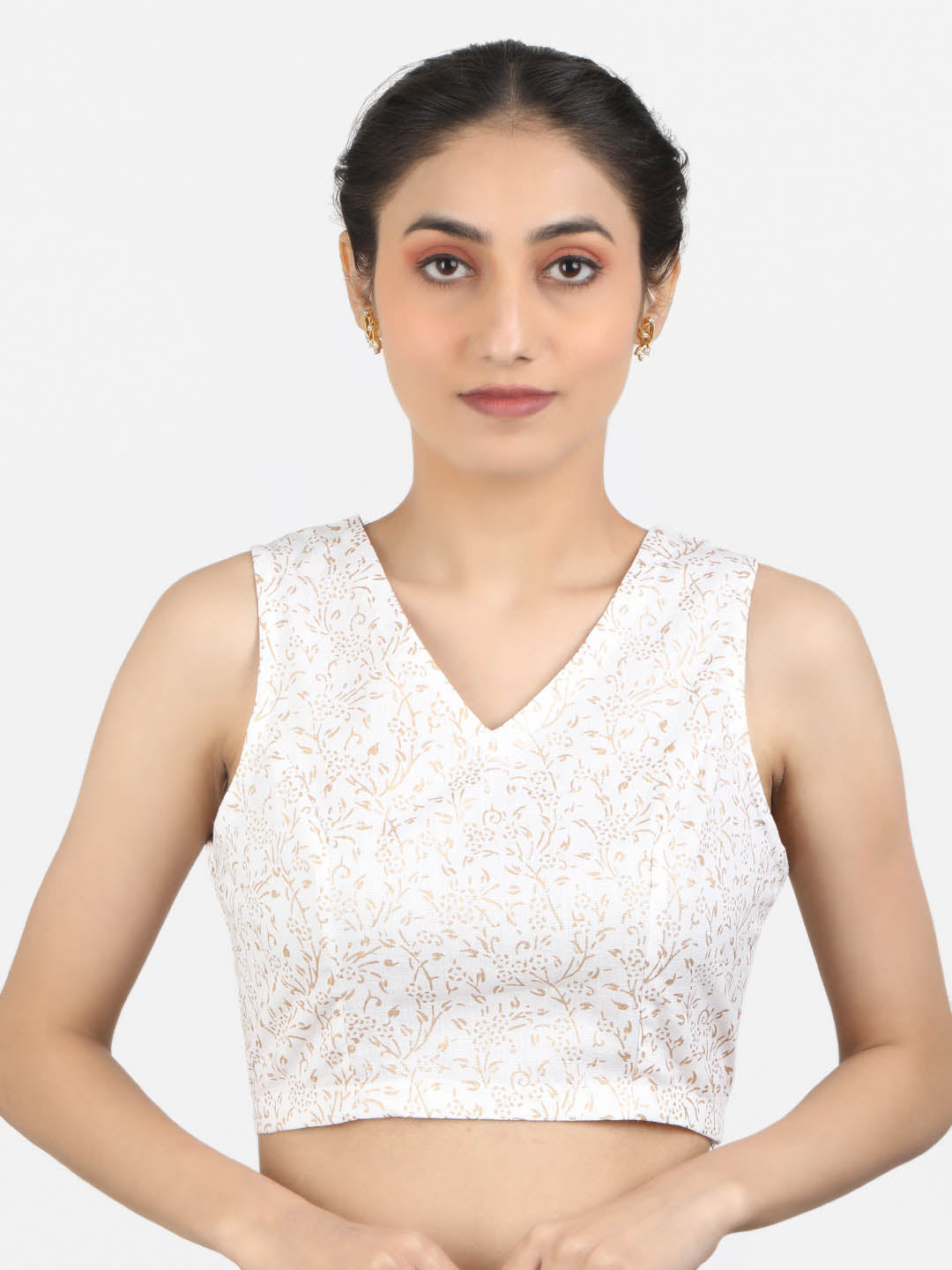 Women White Block Printed Cotton Ready To Wear Non Padded Saree Blouse