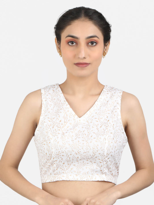 Women White Block Printed Cotton Ready To Wear Non Padded Saree Blouse