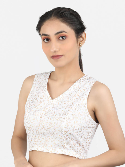 Women White Block Printed Cotton Ready To Wear Non Padded Saree Blouse
