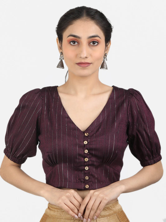 Women Burgandy & Silver Woven Cotton Ready To Wear Non Padded Saree Blouse