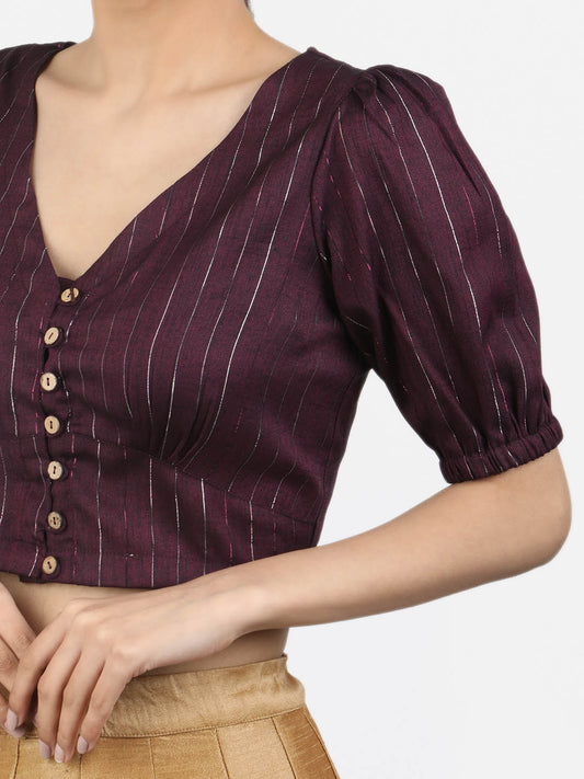 Women Burgandy & Silver Woven Cotton Ready To Wear Non Padded Saree Blouse