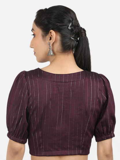Women Burgandy & Silver Woven Cotton Ready To Wear Non Padded Saree Blouse