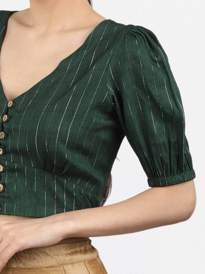 Women Green & Silver Woven Cotton Ready To Wear Non Padded Saree Blouse