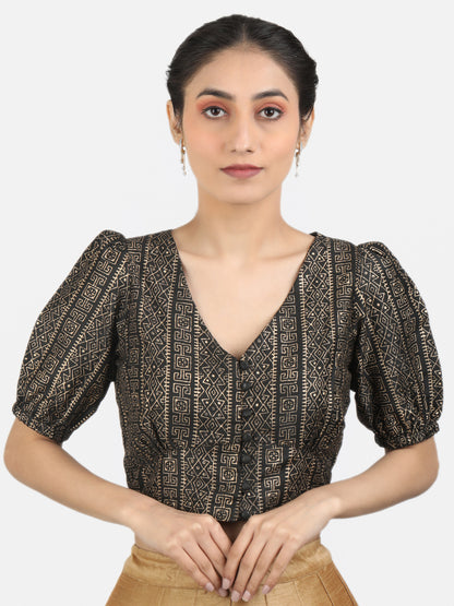 Printed Art Silk Puff Sleeves Non Padded Saree Blouse