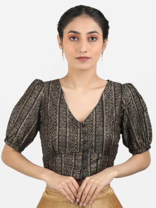 Printed Art Silk Puff Sleeves Non Padded Saree Blouse
