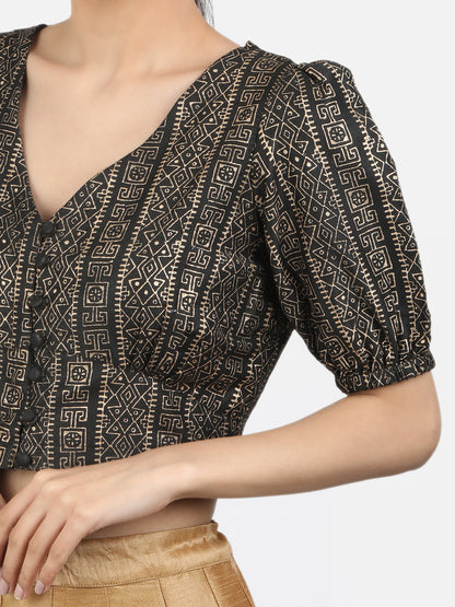 Printed Art Silk Puff Sleeves Non Padded Saree Blouse