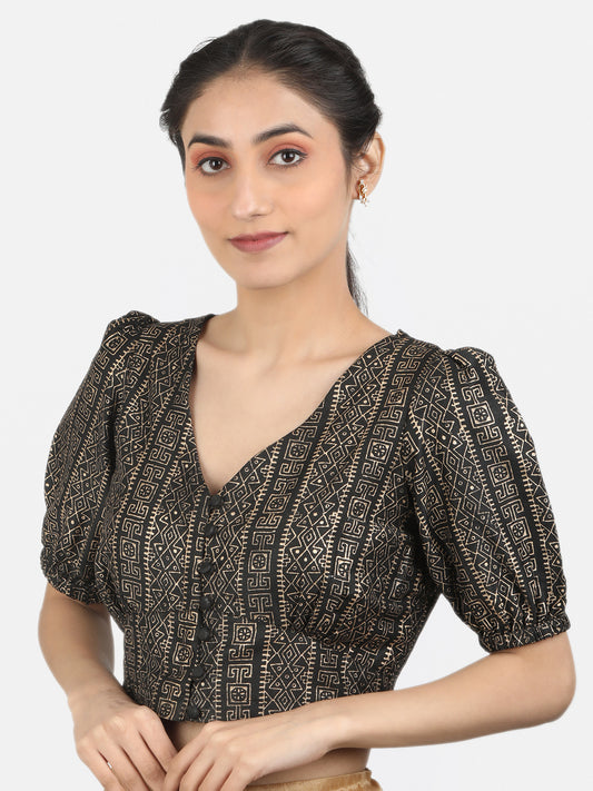 Printed Art Silk Puff Sleeves Non Padded Saree Blouse