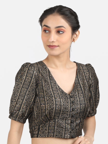 Printed Art Silk Puff Sleeves Non Padded Saree Blouse