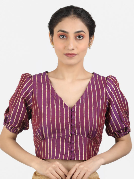 Women Purple Block Printed Art Silk Ready To Wear Non Padded Saree Blouse
