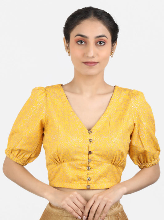 Women Yellow Block Printed Cotton Ready To Wear Non Padded Saree Blouse