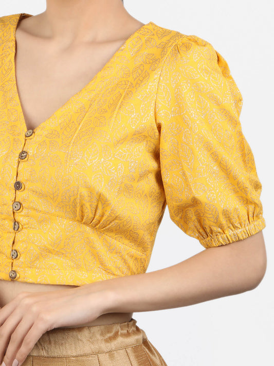 Women Yellow Block Printed Cotton Ready To Wear Non Padded Saree Blouse
