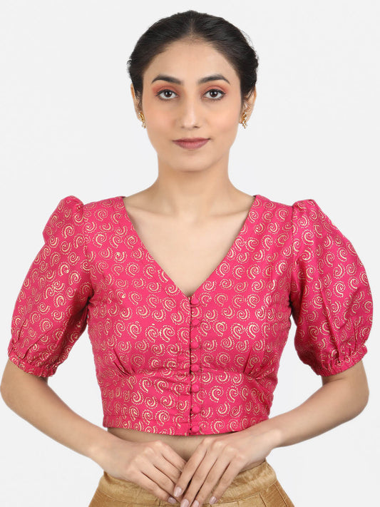 Women Pink Block Printed Art Silk Ready To Wear Non Padded Saree Blouse