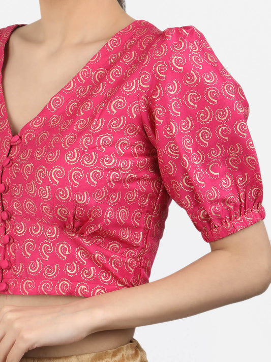 Women Pink Block Printed Art Silk Ready To Wear Non Padded Saree Blouse