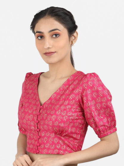Women Pink Block Printed Art Silk Ready To Wear Non Padded Saree Blouse