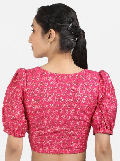 Women Pink Block Printed Art Silk Ready To Wear Non Padded Saree Blouse