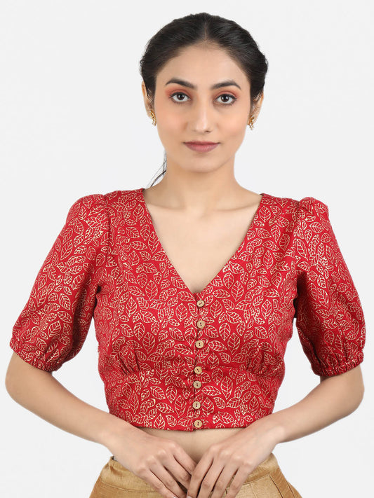 Women Red Block Printed Cotton Ready To Wear Non Padded Saree Blouse