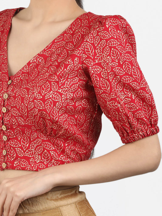 Women Red Block Printed Cotton Ready To Wear Non Padded Saree Blouse