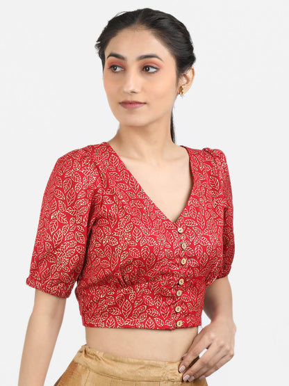 Women Red Block Printed Cotton Ready To Wear Non Padded Saree Blouse