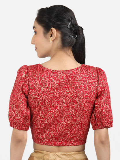 Women Red Block Printed Cotton Ready To Wear Non Padded Saree Blouse