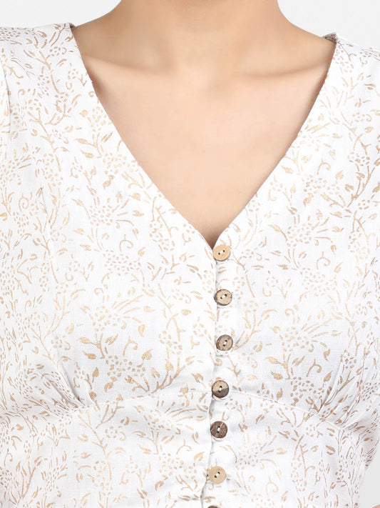 Women White Block Printed Cotton Ready To Wear Non Padded Saree Blouse