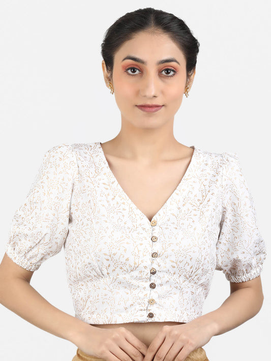 Women White Block Printed Cotton Ready To Wear Non Padded Saree Blouse