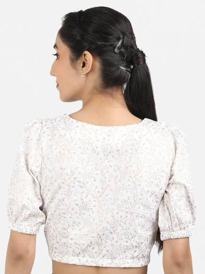 Women White Block Printed Cotton Ready To Wear Non Padded Saree Blouse