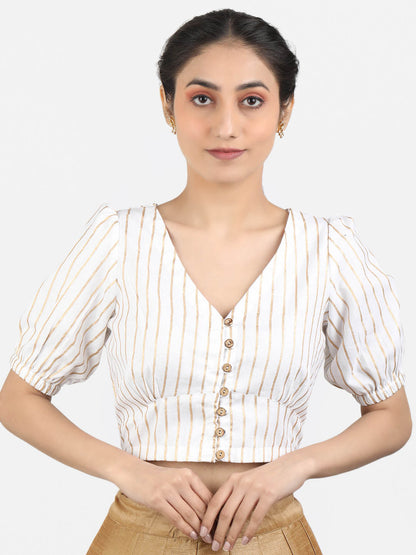 Women White Block Printed Cotton Ready To Wear Non Padded Saree Blouse