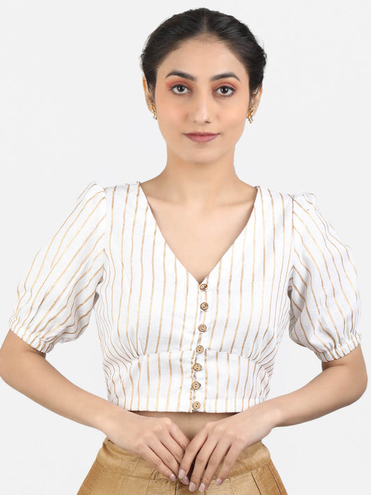 Women White Block Printed Cotton Ready To Wear Non Padded Saree Blouse