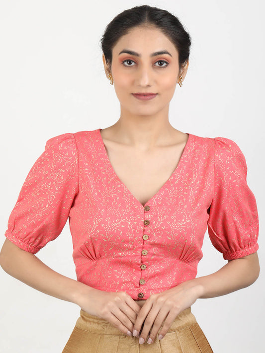 Women Pink Block Printed Cotton Ready To Wear Non Padded Saree Blouse