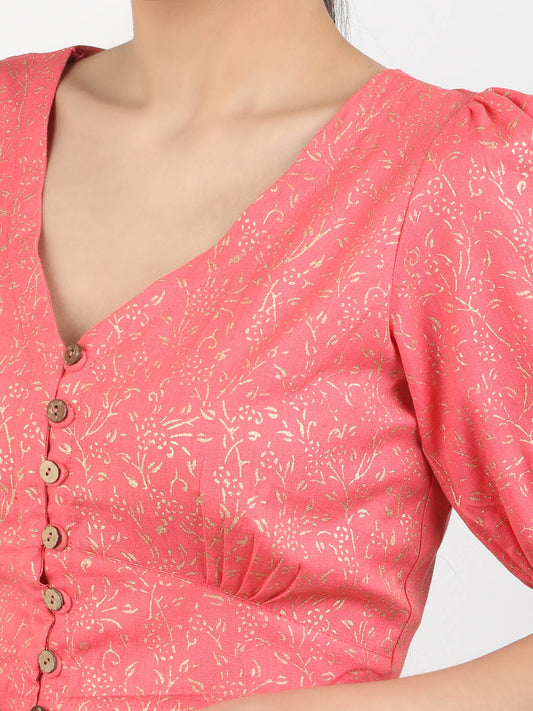 Women Pink Block Printed Cotton Ready To Wear Non Padded Saree Blouse