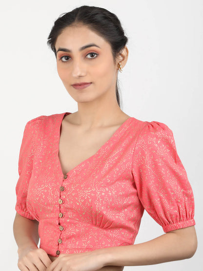 Women Pink Block Printed Cotton Ready To Wear Non Padded Saree Blouse
