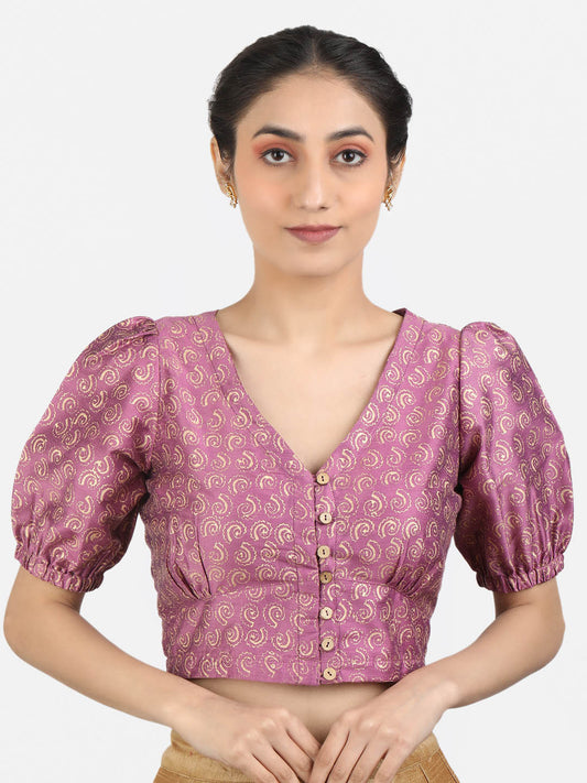 Women Purple Block Printed Art Silk Ready To Wear Non Padded Saree Blouse