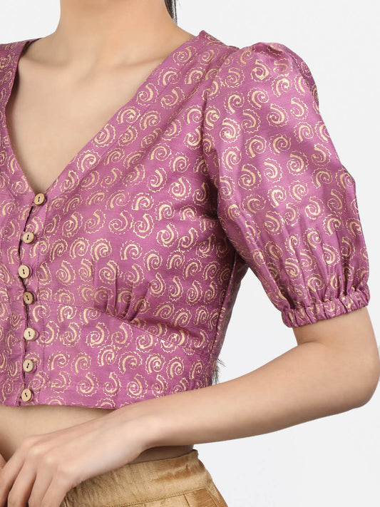 Women Purple Block Printed Art Silk Ready To Wear Non Padded Saree Blouse