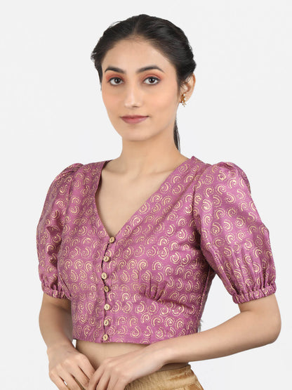 Women Purple Block Printed Art Silk Ready To Wear Non Padded Saree Blouse