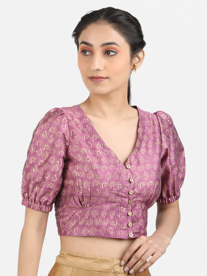 Women Purple Block Printed Art Silk Ready To Wear Non Padded Saree Blouse