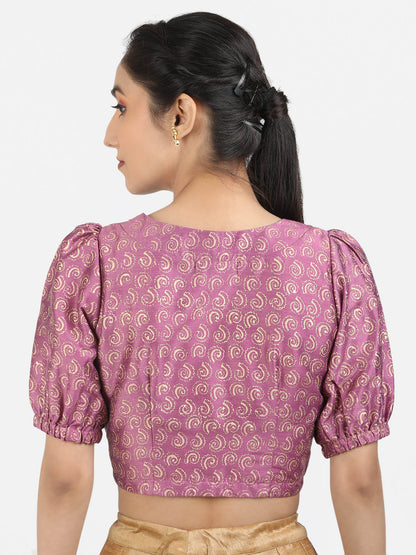 Women Purple Block Printed Art Silk Ready To Wear Non Padded Saree Blouse
