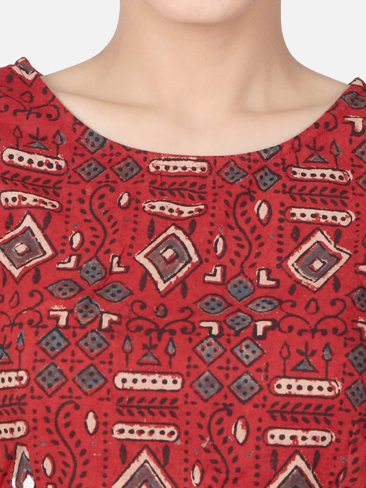 Ajrakh Maroon  Block Printed Cotton Ready To Wear Saree Blouse