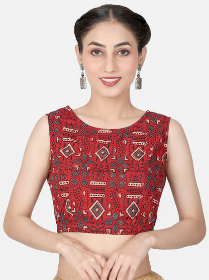Ajrakh Maroon  Block Printed Cotton Ready To Wear Saree Blouse