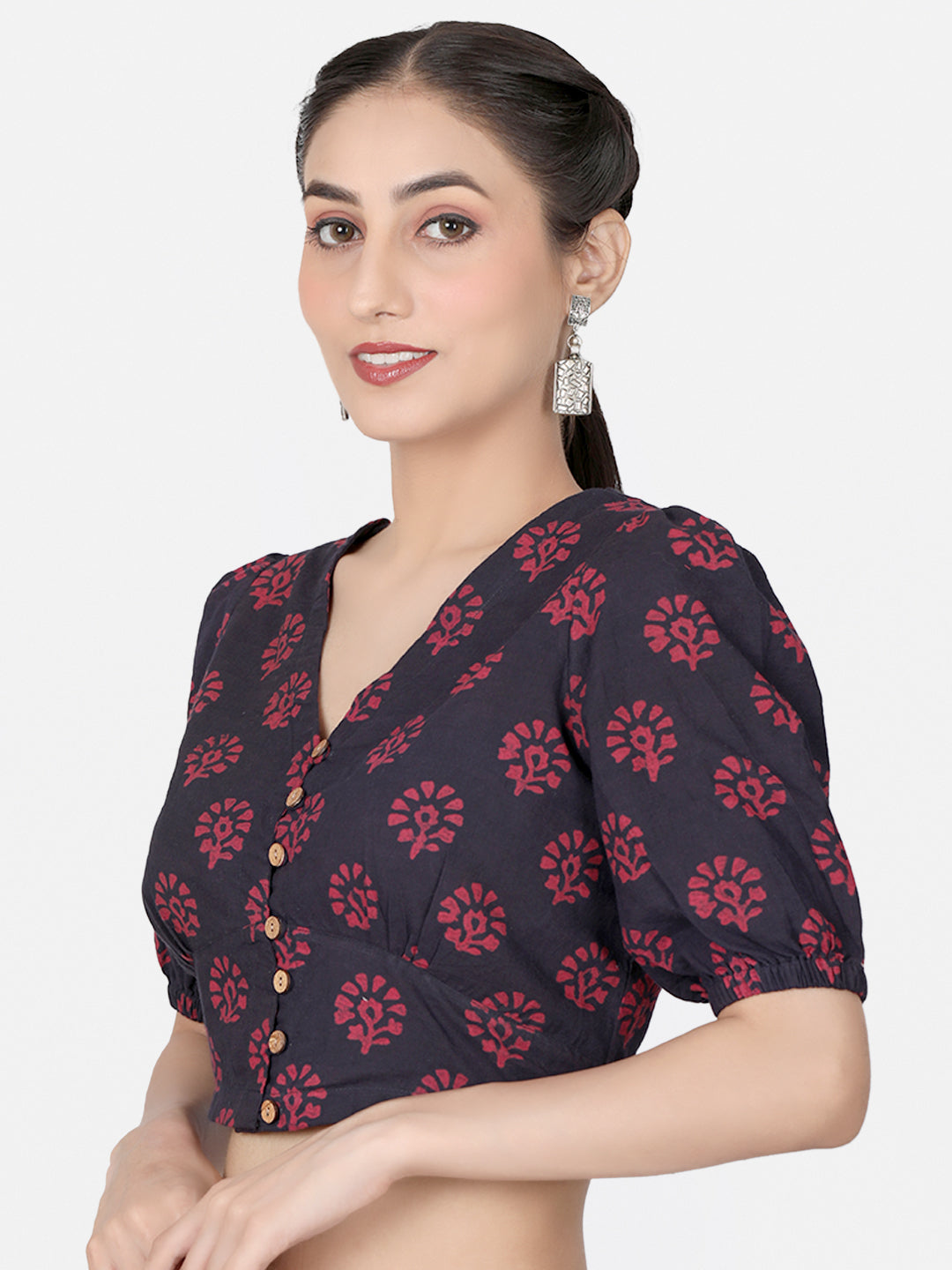 Maroon Block Printed Cotton Saree Blouse